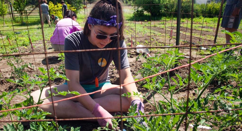 A person sits as they garden during a service project with outward bound